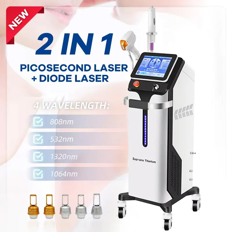 Best 808 Diode Laser And Pico 2in1 Beauty Equipment 3 Wave Diode Laser Hair Removal Non-invasive 5 Tips ND YAG Laser Tattoo Removal Machine