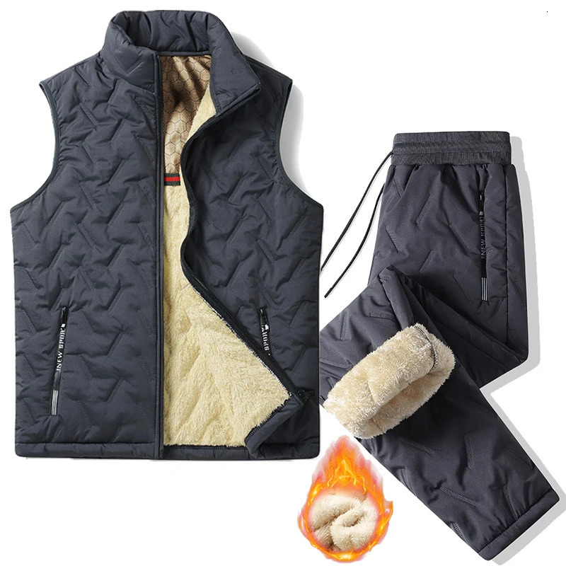 Winter Streerwear Men Plush Thick Sweatpant Lambswool Thermal Trousers Jacket Coats Waterproof Windproof Warm Sleeveless Set 241111