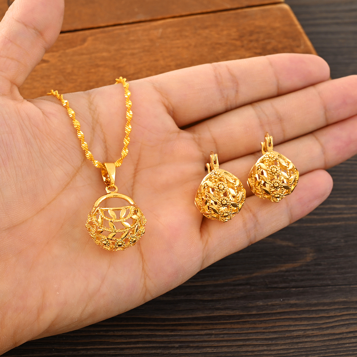 Gold Color Hollow-out Flower Cute Jewelry Women Charms Girls Pendant Necklace Earrings Set Wedding Bridal Party Gifts