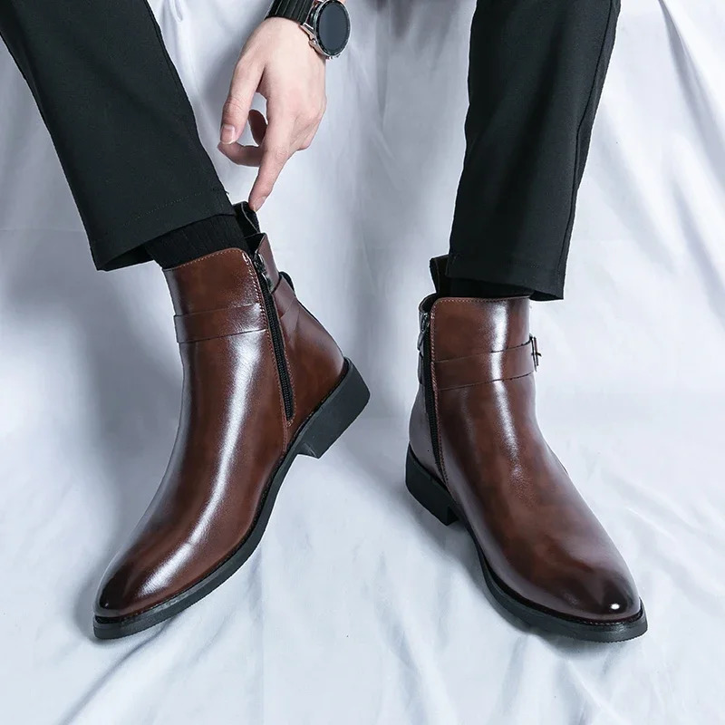 All-match Men Ankle Boots Soft Leather Side Zipper Business Shoe Smart Formal Dress Shoes Walk Botas Slip on Man Chelsea Boots 241112