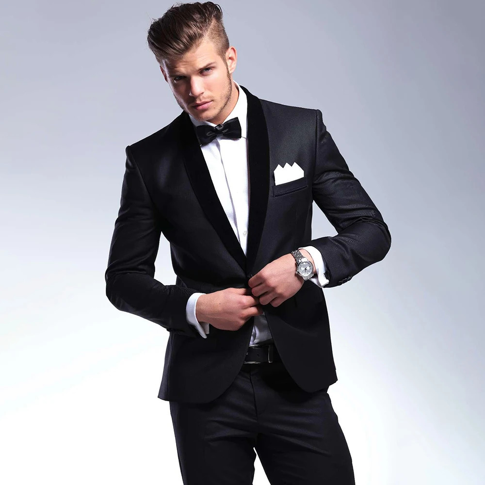 Black Men Suits Slim 2 Piece Fashion Shawl Lapel Single Button Smart Casual Wedding Groom Tuxedo Male Suit Blazer with Pants 241111