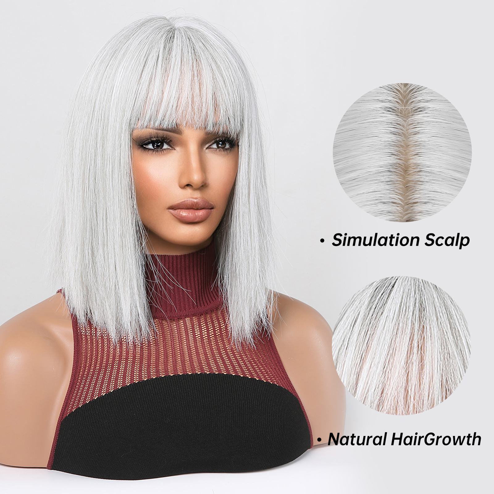 Sier Blonde Synthetic Wigs with Bangs Short Bob Silky Straight Hair Cosplay Lolita Wig High Temperature Fiber for White Women 1a254