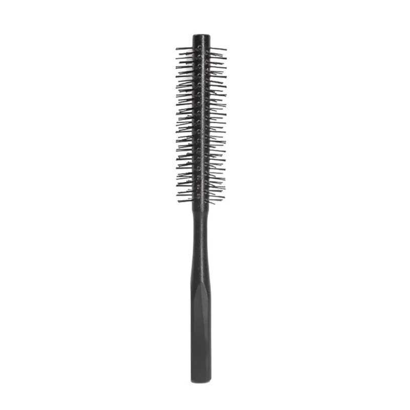 Mini round nylon hair brush with curly styling comb suitable for thin or short haired men with wooden handle W241112