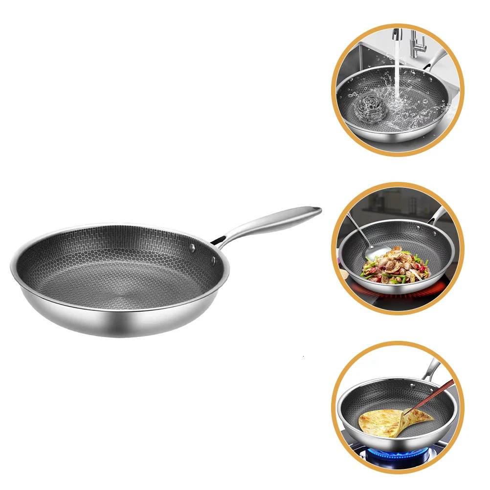 26cm Stainless Steel Frying Pan Honeycomb Grain Restaurant Frying Pan Kitchen Non-stick Cookware Chinese Style Easy to Hold 241111