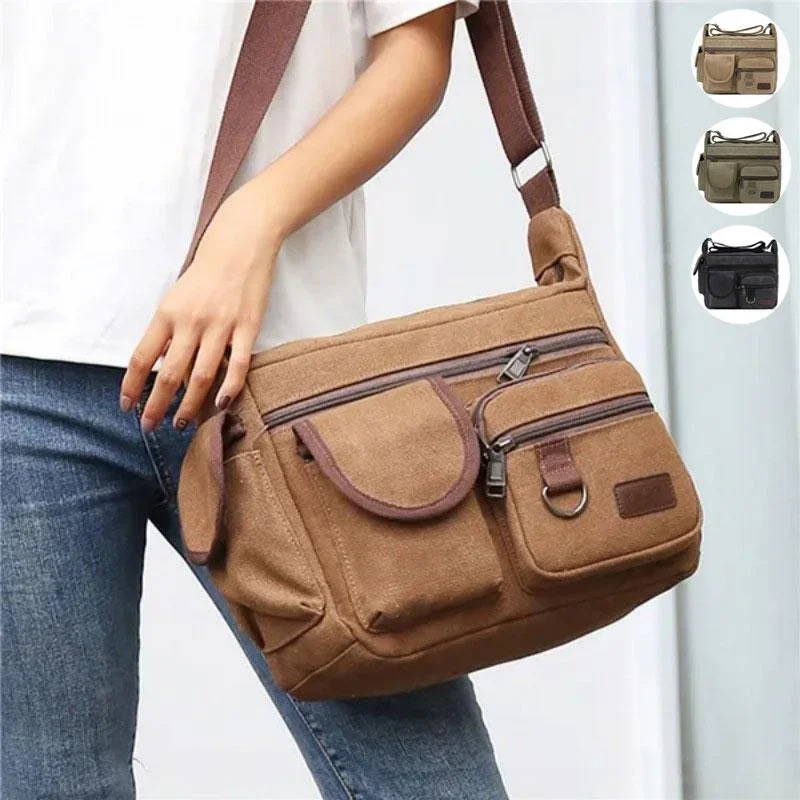Mens Fashion Canvas Shoulder Bag Large Capacity Multilayer Messenger Student Travel Casual 241111
