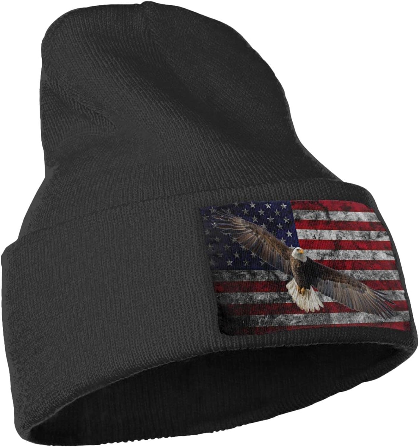 Bald Eagle USA Flag Beanie Winter Hat Warm Chunky Cable Knit Hats Soft Stretch Thick Cute Knitted Cap for Cold Weather Black
