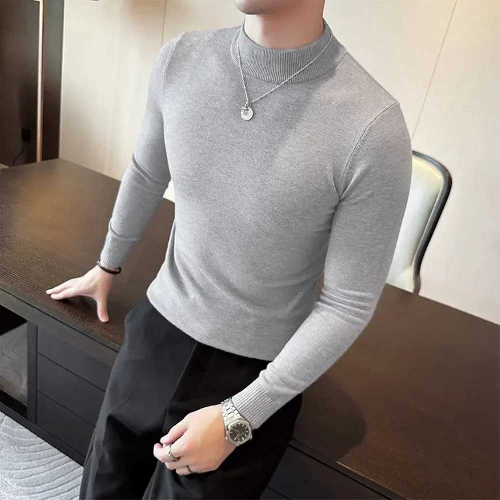 Mens autumn and winter wool warm sweater solid color semi turtle neck casual sweater mens basic daily clothing W2411111
