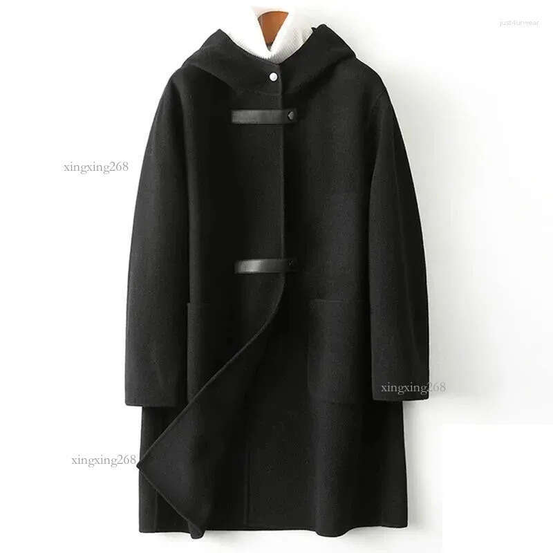 Women's Wool Double Side Cashmere Coat Women Autumn Winter Hooded Loose Long Woolen Camel Red Outerwear Clothing Female