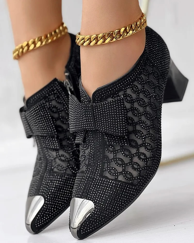 Womens hollow mesh shoes summer fashion Rhinestone square heel corner toe size 43 zipper bow sandals womens sandals 241111