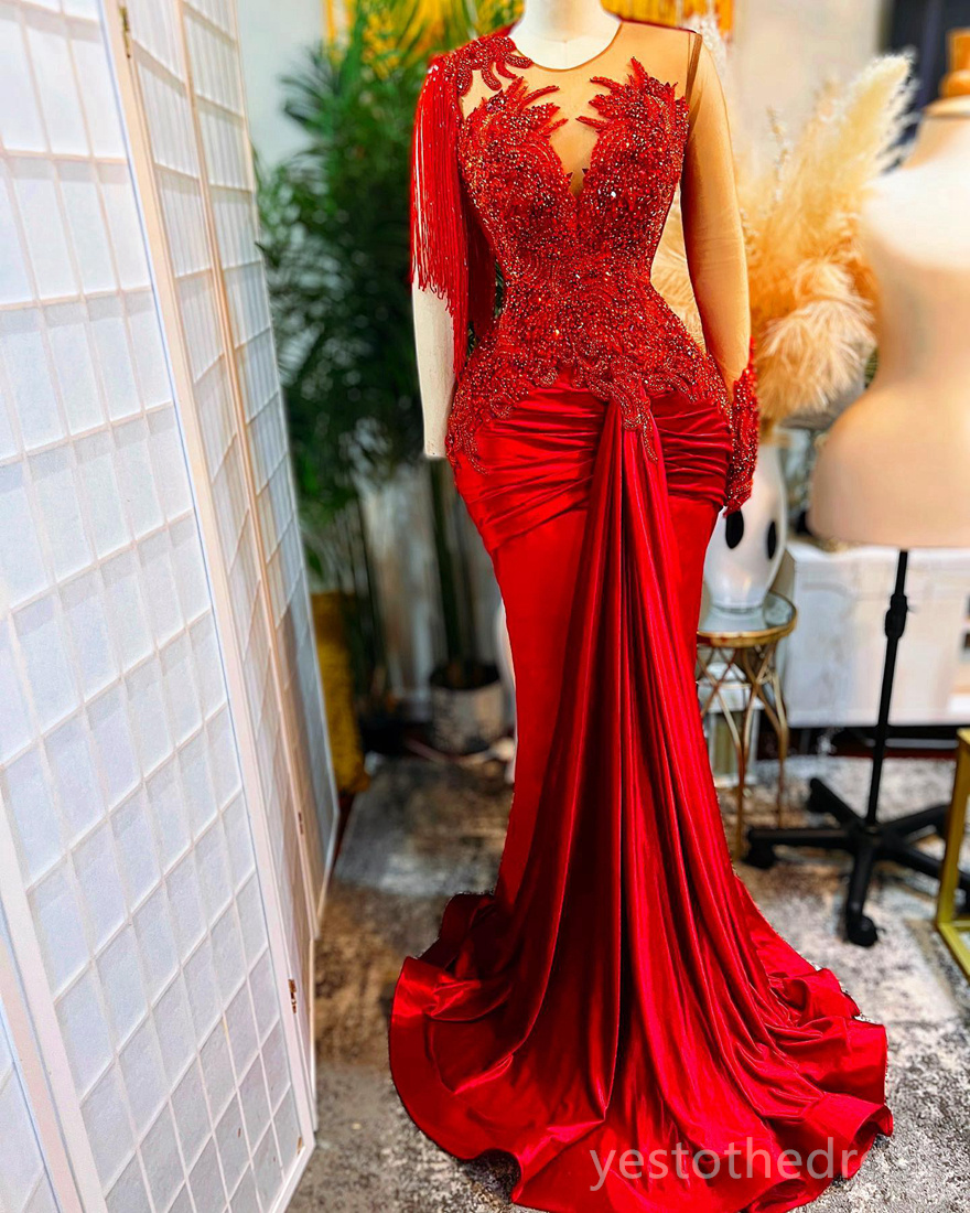 2024 Plus Size Red Prom For Black Women Promdress One Shoulder Long Sleeves Illusion Mermaid Tassel Appliqued Beaded Lace Birthday Party Gowns Dresses