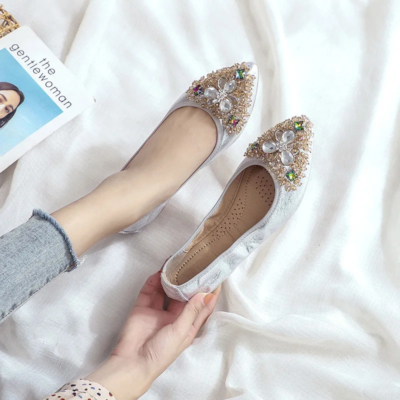 Soft soled folding womens ballet apartment rhinestone womens shoes large size 41 42 43 Loafers Spring and Autumn womens shoes WSH3502 241111