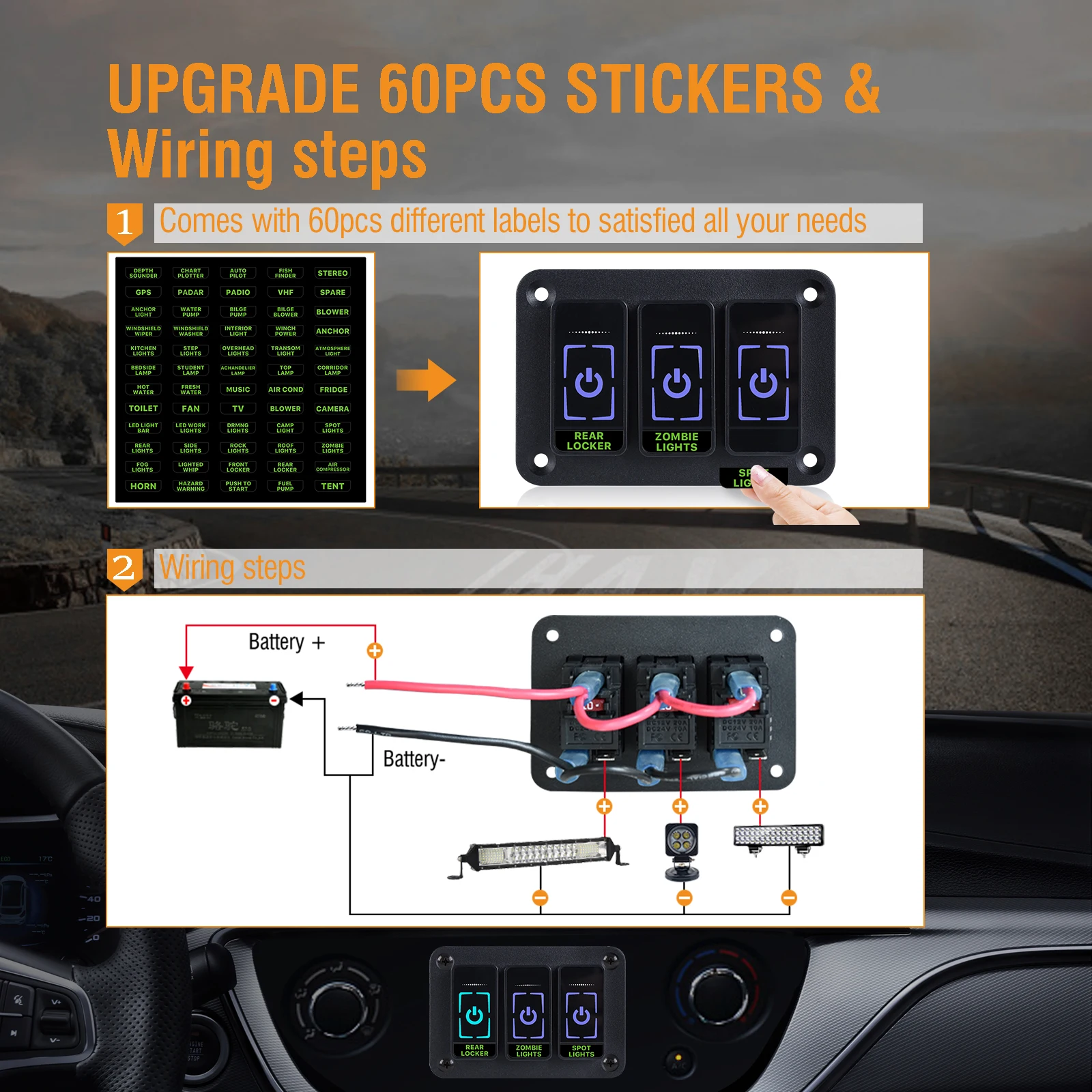 New touch screen Universal LED Light On-Off Control Relays System for SUV UTV Boat Caravan Rocker Switch Panel