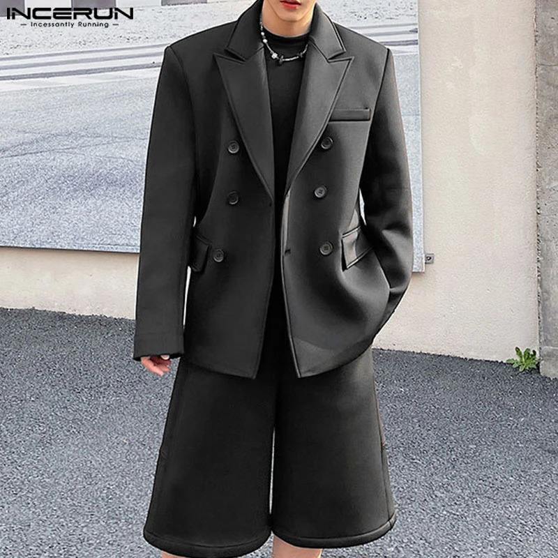 INCERUN Mens Set Solid Suitable for Long Sleeve Set Coats Short Sleeve Mens Street Clothing Selling Set 2 pieces 241112