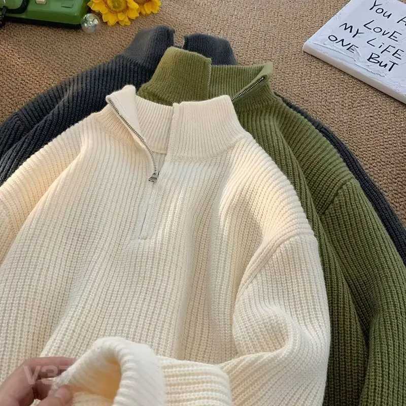 Harajuku Fashion Half Zipper Turtle Neck Sweater Mens Autumn Winter 2024 Solid Color Sweater Korean Lazy Style Fully Matched Casual Jacket W2411111