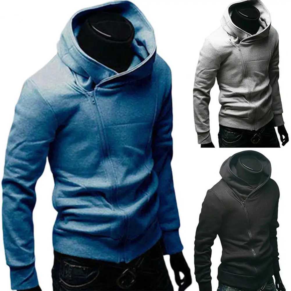 Autumn mens turtle neck sports shirt long sleeved diagonal zipper sports hooded jacket casual tracksuit mens hip-hop sports shirt top W2411111