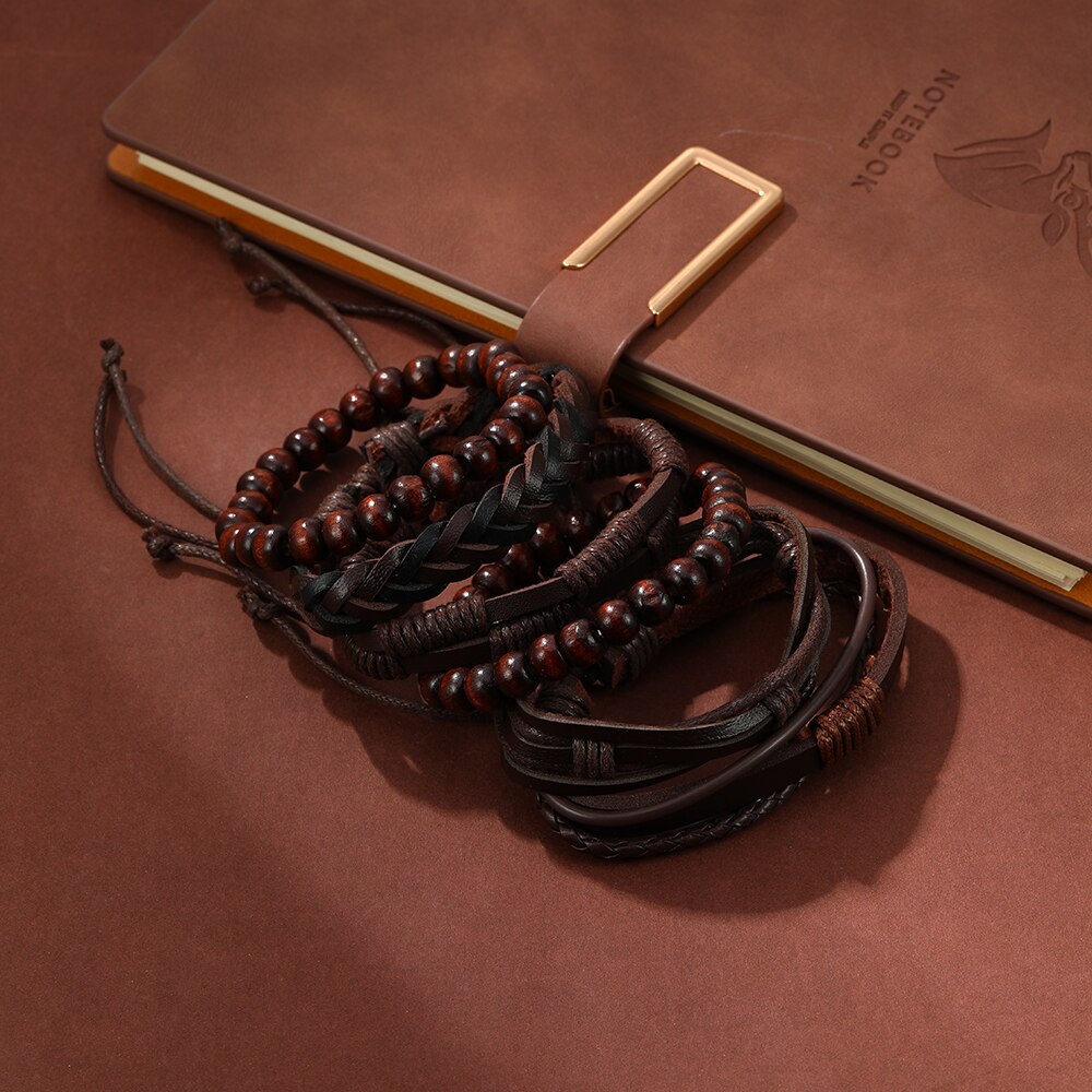 6PCS Set Men's Vintage Braided Cowhide Bracelet Multi-layer Leather Bracelet 08fe0 5 d8322