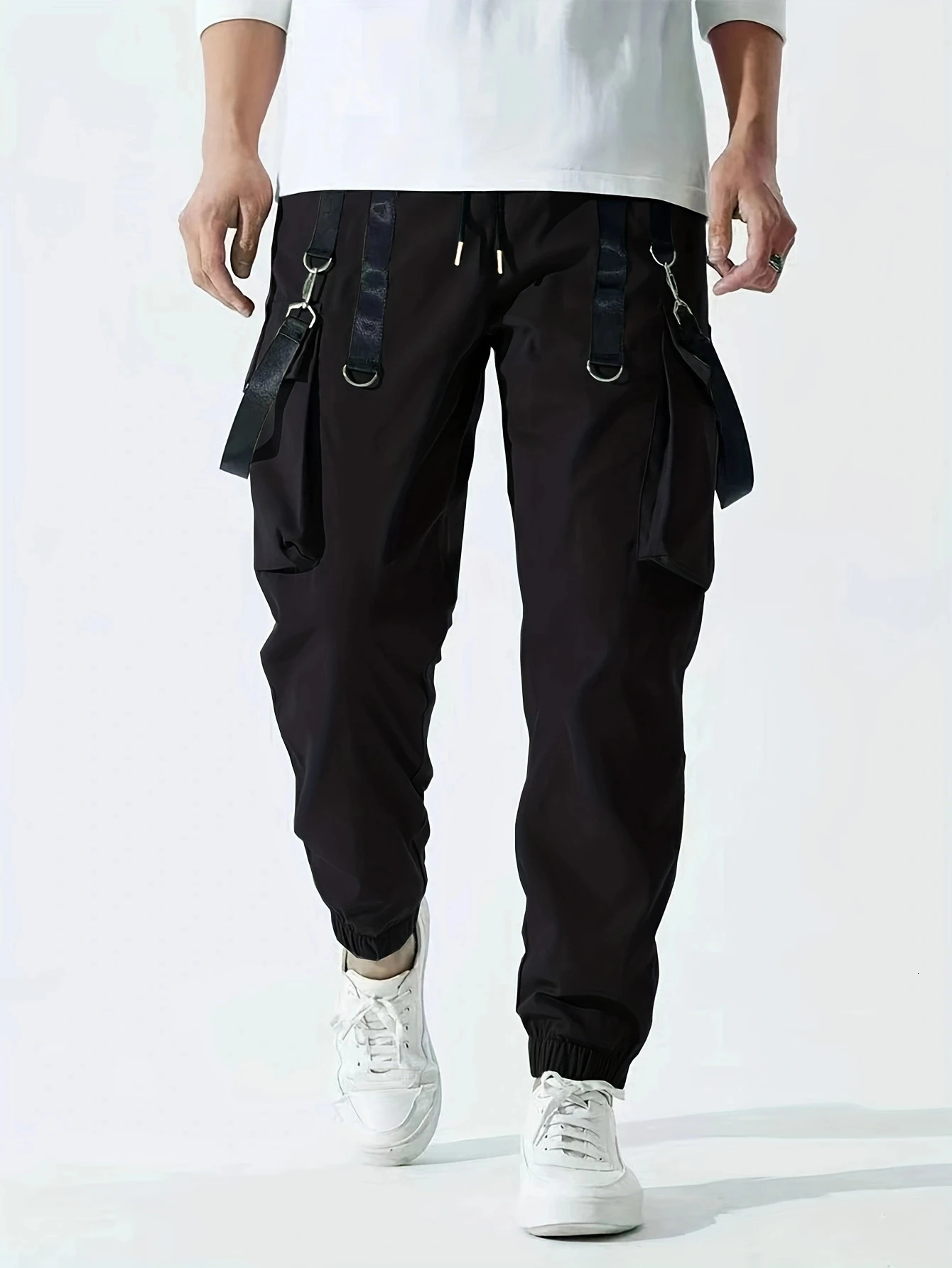 Fashion Mens Casual Techwear Drawstring Multi Flap Pockets Cargo Pants Hip hop Joggers Pant 241112