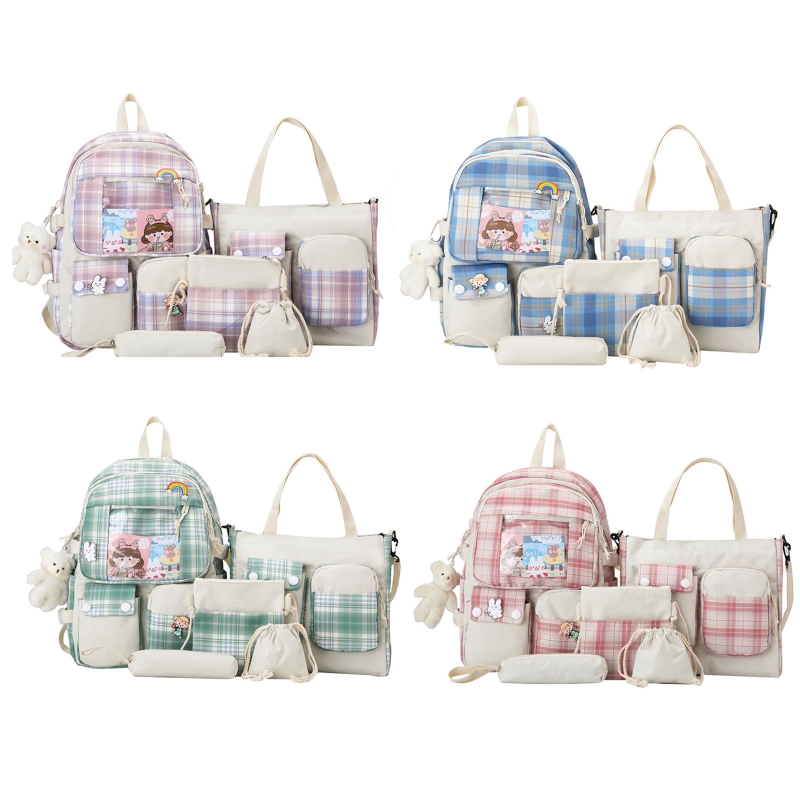 5pcs Plaid Backpack School Student Bookbags Casual Daypack Handbag Shoulder Drawstring Bag Pencil for Case Set for Girls Women e8dd8