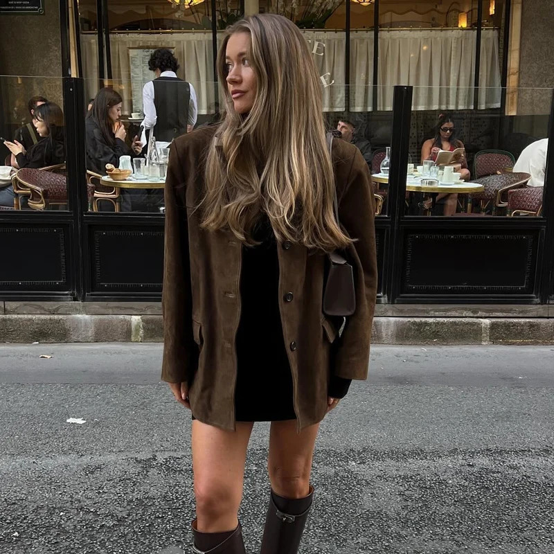 HXAO Suede Jacket Womens Blazers Office Wear Women Long Sleeve Single Breasted Outerwears Old Money Style High Quality 241112