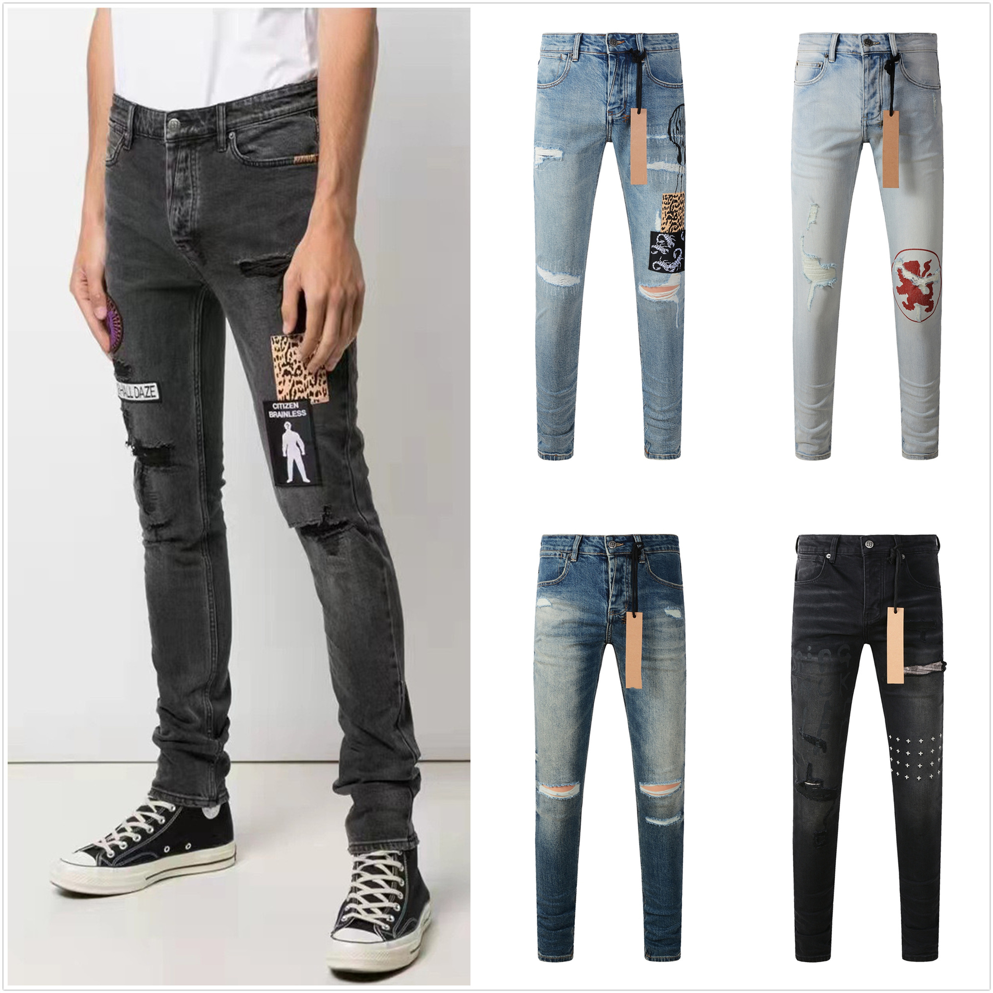 ksubi jeans designer jeans slim fit jeans mens jeans Elastic fabric long skinny button fiy hole pattern ripped embroidery abrade us size 28-40