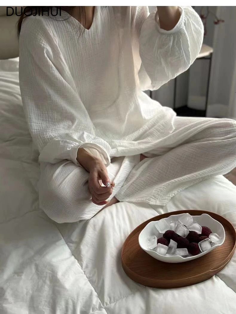 DUOJIHUI Korean solid color casual womens sleepwear basic long sleeved floral simple pants fashionable sleepwear set 241112