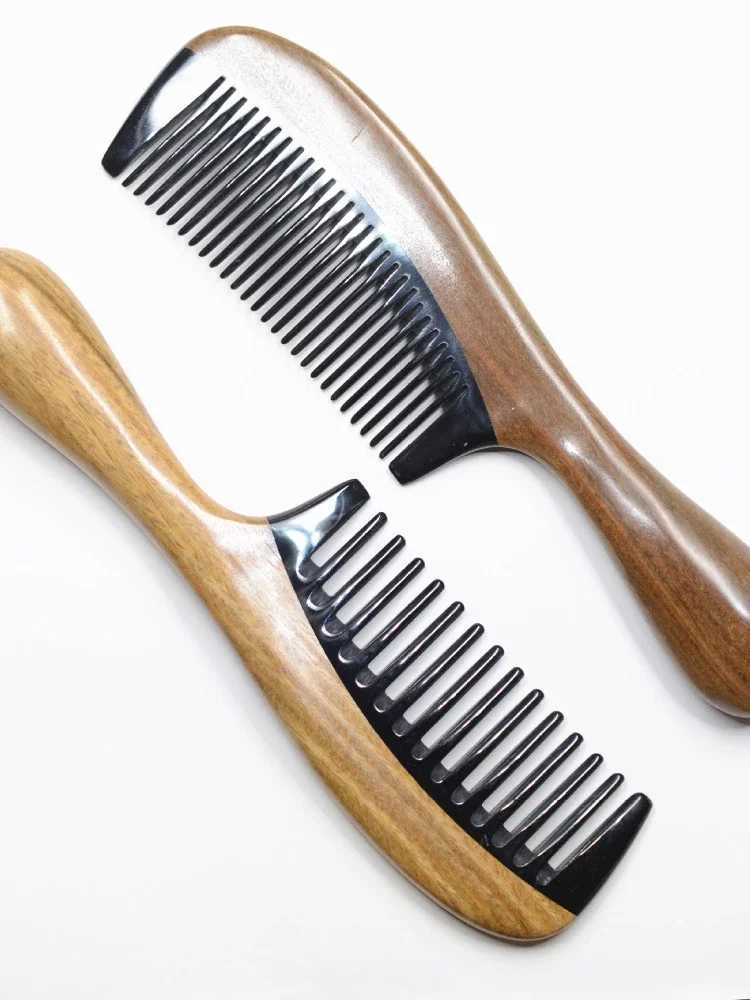 Bull horn green sandalwood comb drum handle wide toothed ebony comb black horn comb W241112