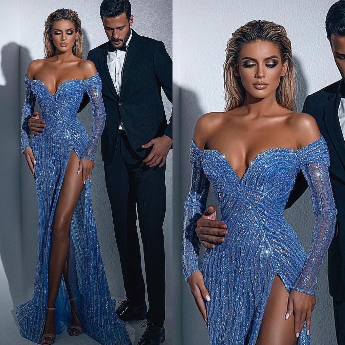 Gorgeous Blue Crystal Mermaid Evening Dresses Long Sleeves Elegant Off Shoulder Beaded Prom Dress Thigh Split Formal Dresses For Women
