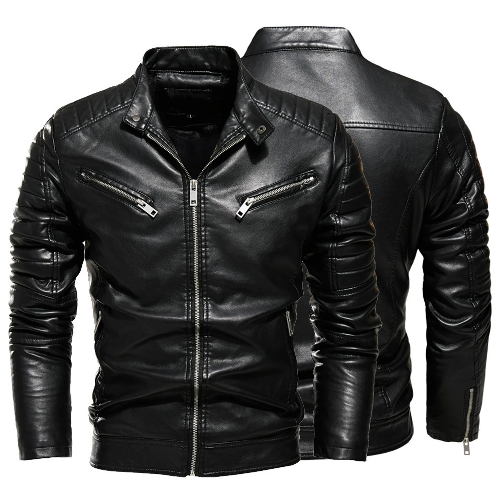 Winter Black PU Leather Jacket Men Fleece Warm Motorcycle Jackets Slim Street Fashion BLack Biker Coat Pleated n Zipper 241108