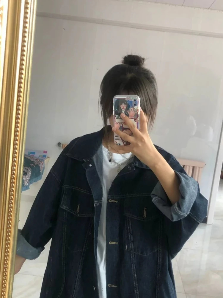 Retro denim jacket womens Harajuku dark blue denim jacket Korean fashion ultra-fine Y2k aesthetic Glenqi jacket 241112