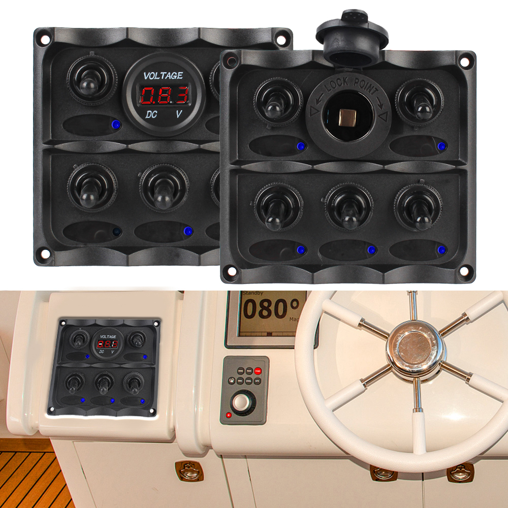 Car Marine LED Rocker Switch Panel Voltmeter/Cigarette Lighter Plug Waterproof 5 Gang DC 12v Circuit Breaker