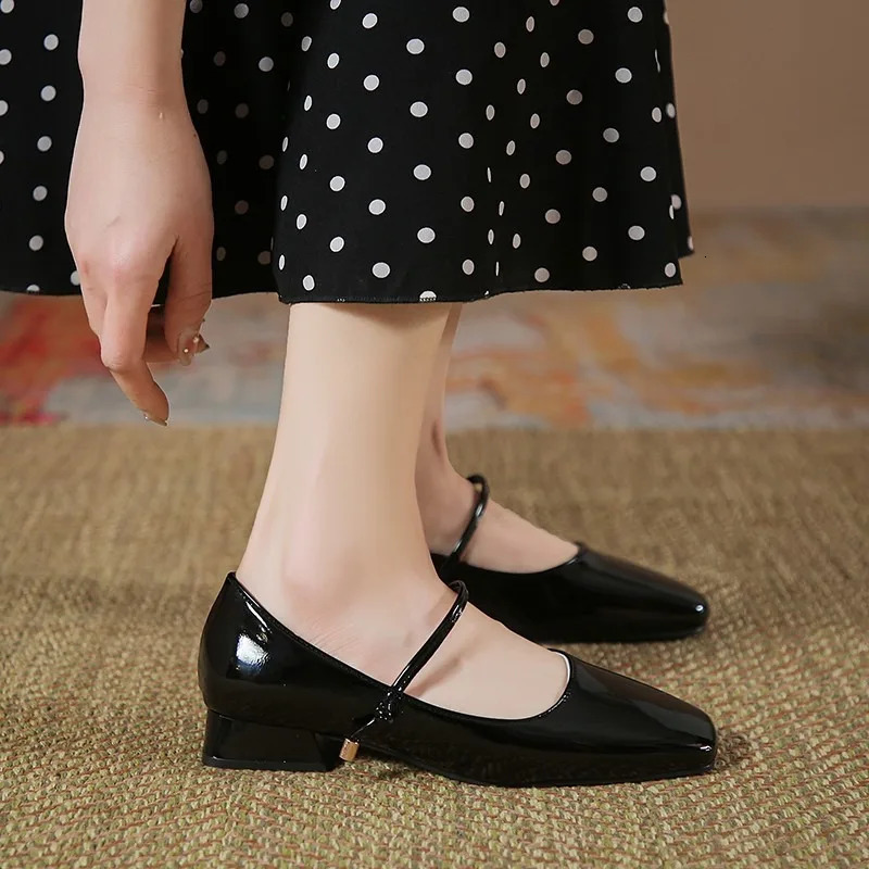 High Heels French Dress Party Shoes for Woman Platform Patent Leather Mary Jane Burgundy Black Square Toe Mid-heel Pumps 2024 241112