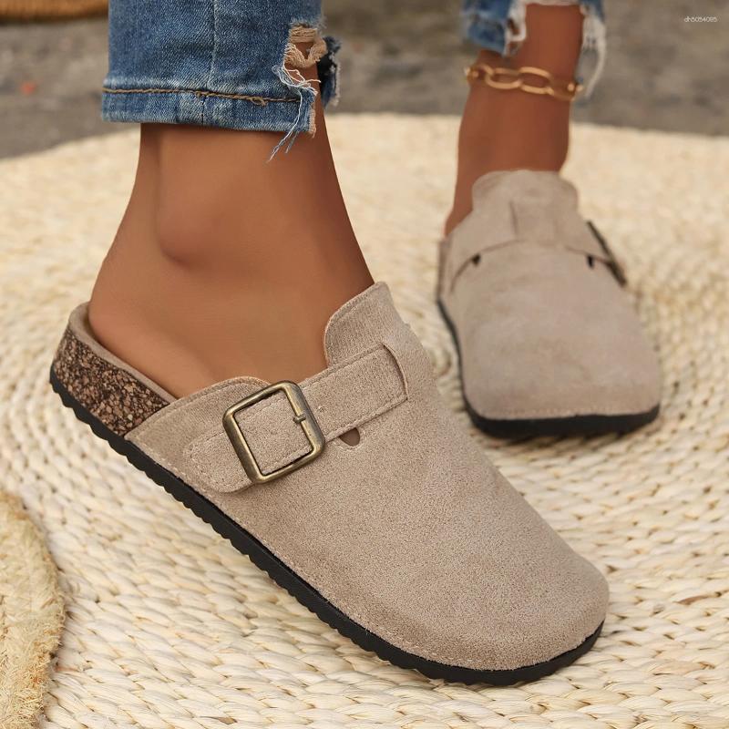 Slippers Women's Solid Color Flat Mules, Round Suede Clog Sandal,Casual Closed Toe Slip On Shoes, Comfortable Buckle Strap Design Shoes Fall Vint