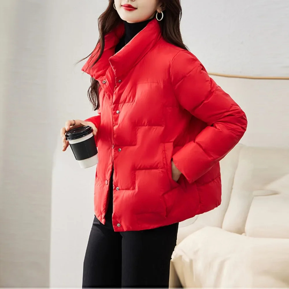 Solid Vertical Collar Inflatable Jacket for Womens Autumn and Winter Down Jacket for Womens Plain weave Ultra light White Duck Down Coat for Warmth 24