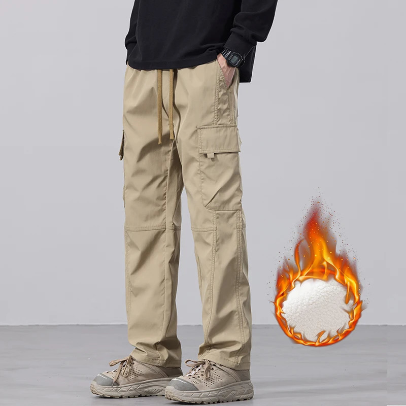 Mens Fleece Cargo Pants Winter Fashion Casual Pants Large Pockets Loose Velvet Trousers Male Plush Thickened Warm Pants 241112
