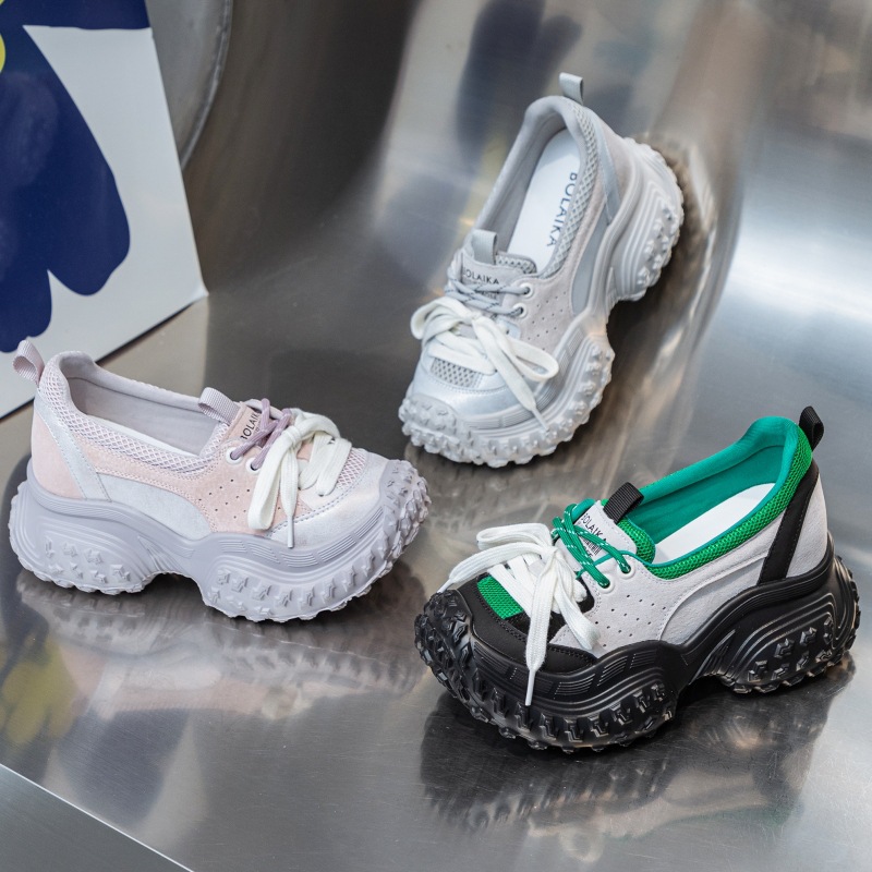 Chunky Microfiber Leather Sneakers: Breathable Mesh, Comfy Platform Wedges 4