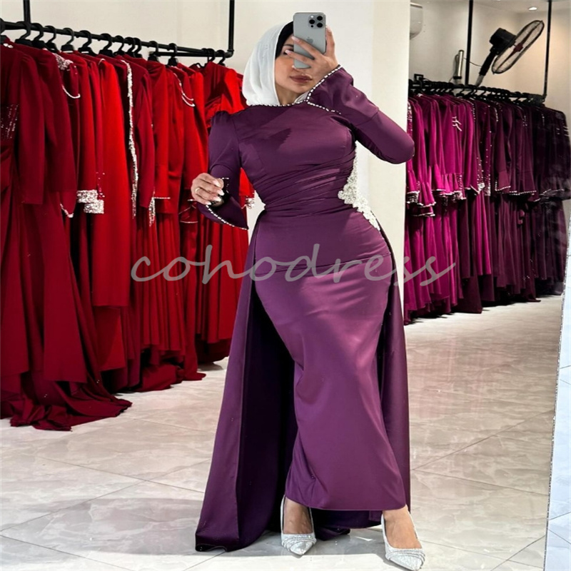 Vintage Arabian Dubai Grape Evening Dress With Overskirt Elegant Muslim Islamic Turkey Prom Dress Beaded Party Gown Charming Second Party Formal Birth