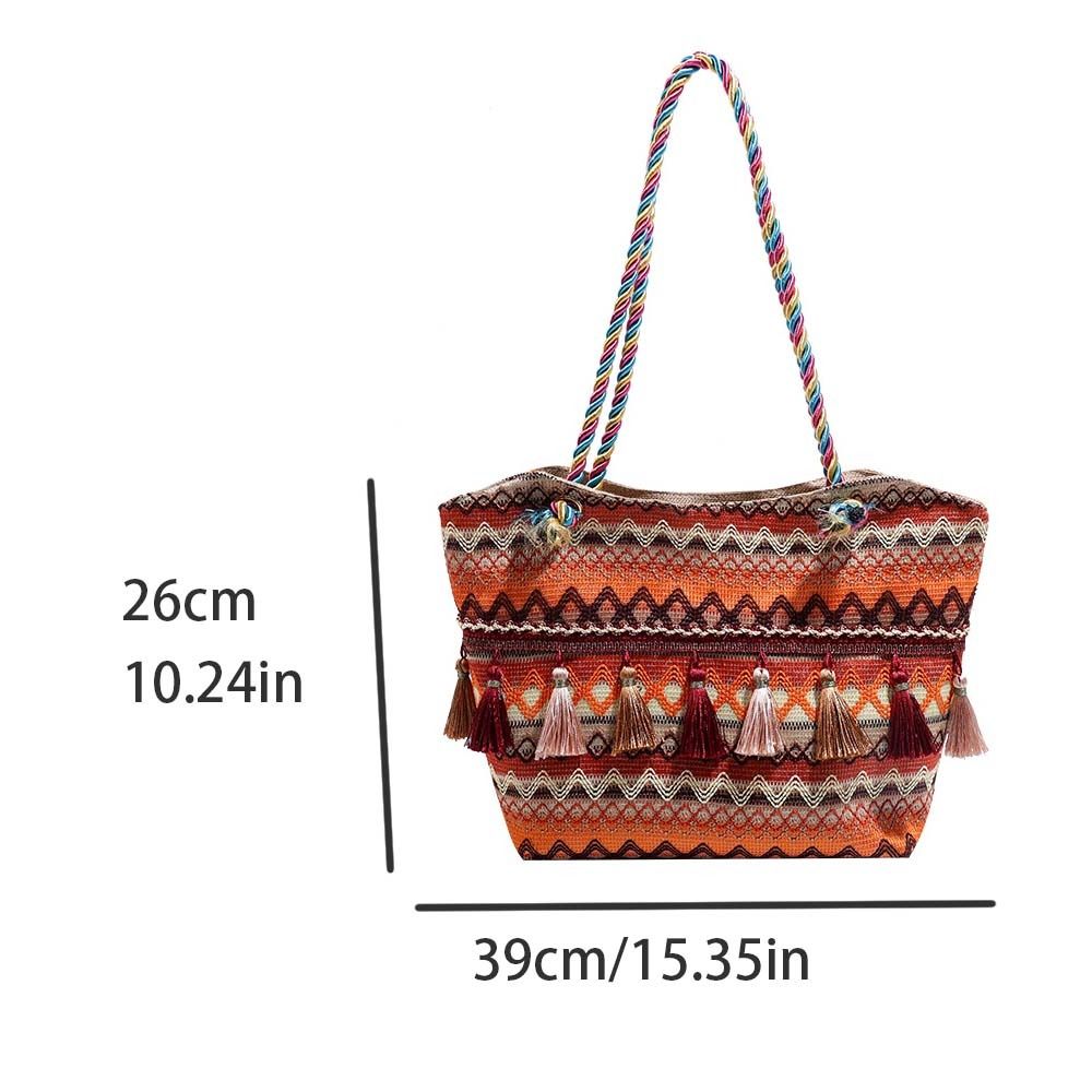 Stripe Ethnic Style Shoulder Bag Tassel Large Capacity Canvas Colorful Handbag Travel Storage Bag Korean Style