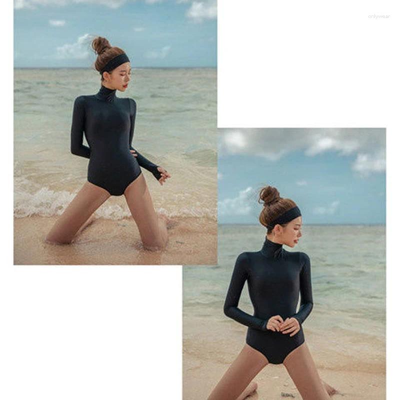 Women's Swimwear Korean Women Long-sleeved Swimsuit Sunscreen One-piece Conservative Thin High-neck Spring Sports