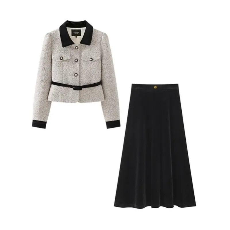 High end Socialite set for womens clothing for autumn and winter velvet patchwork work collar with jacket paired two-piece set 241112