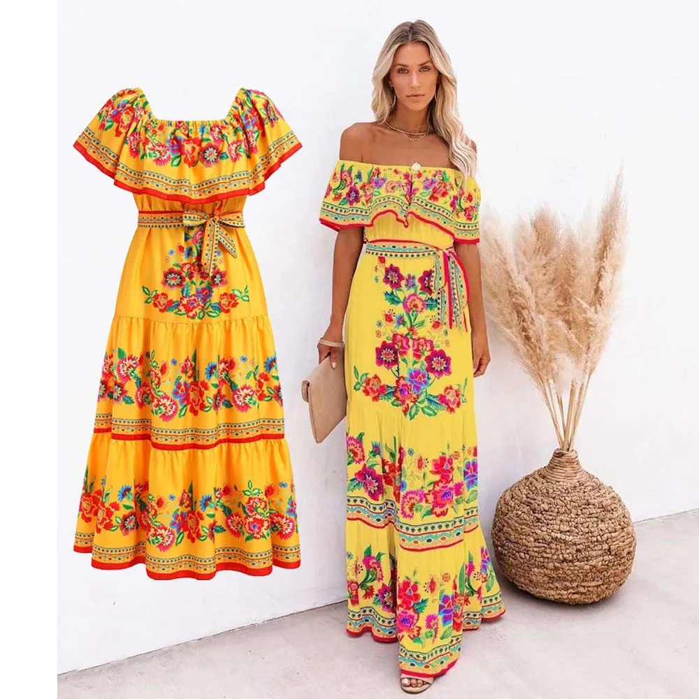 Mexican Traditional Ethnic Cinco De Mayo Summer Floral Print Off Shoulder Women Dress 240412