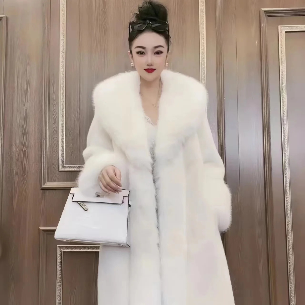 Womens long faux fur coat collar loose and thick warm teddy jacket high quality womens clothing winter 241112