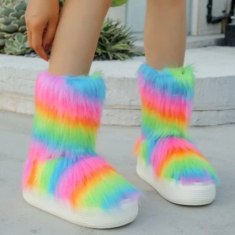Rainbow Fur Ankle Women Snow Boots Platform Shoes Winter 2025 Warm Flats Chelsea Boots Short Plush Fashion Women Shoes 241112