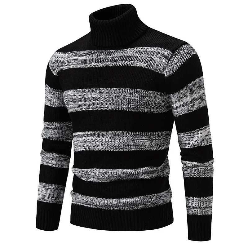 Mens black and white horizontal striped turtle neck fashionable long sleeved sweater W2411111
