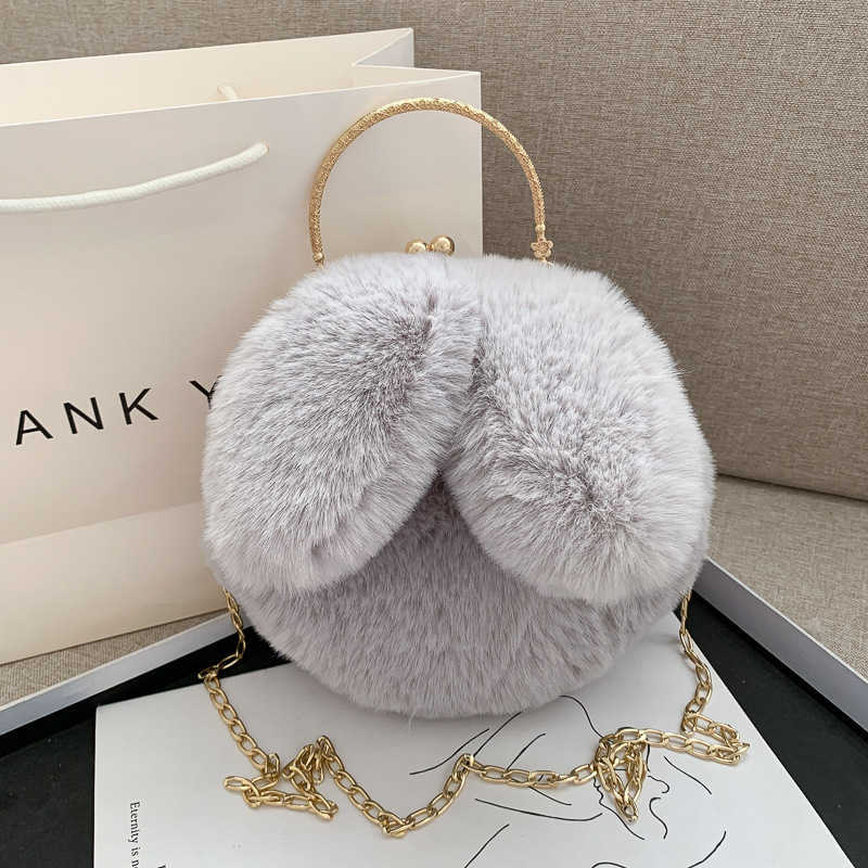 Trendy Girl Cute Plush Bag with Rabbit Ears Casual Clip on Handbag Fashionable Chain Crossbody Bags Purses 241112