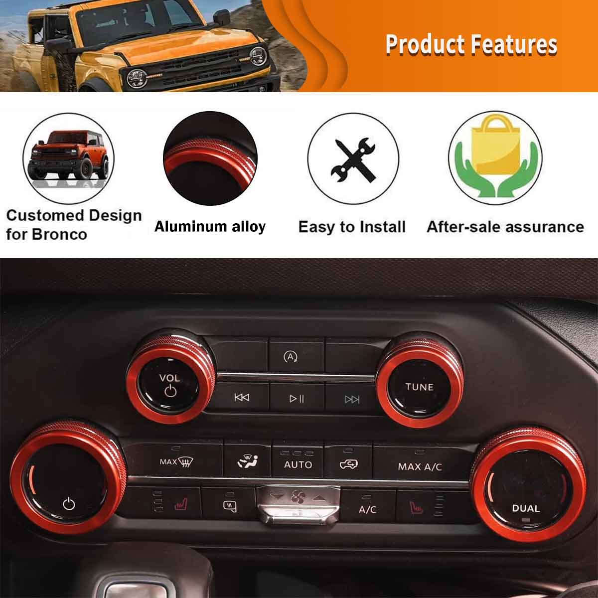 6PCS/SET For Ford Bronco 2023 Accessories Air Conditioning Headlight Switch Knob Decorative Gear Switch Knob Cover Auto Interior