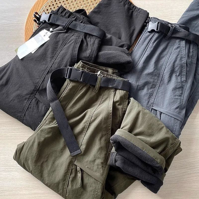 Mens Autumn Winter Fleece Work Cargo Pants Outdoor Hiking Sports Waterproof Warm Soft Shell Pockets Straight Cotton Trousers 241112