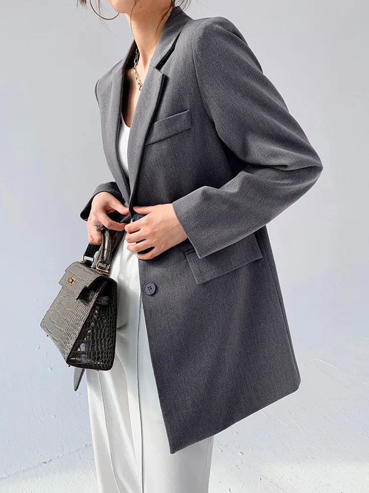 er Back Button Blazer Womens Grey Notched Long Sleeve Fashion Womens Coat Spring Collection 241111