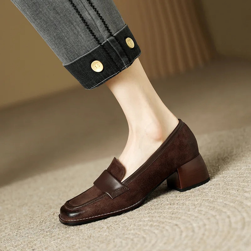 Shoes For Women Mid Heels Square Toe Black Slip On Mary Jane Zapatos Mujer Elegant Leather Outdoor Sandals Spring Summer Autumn 241112