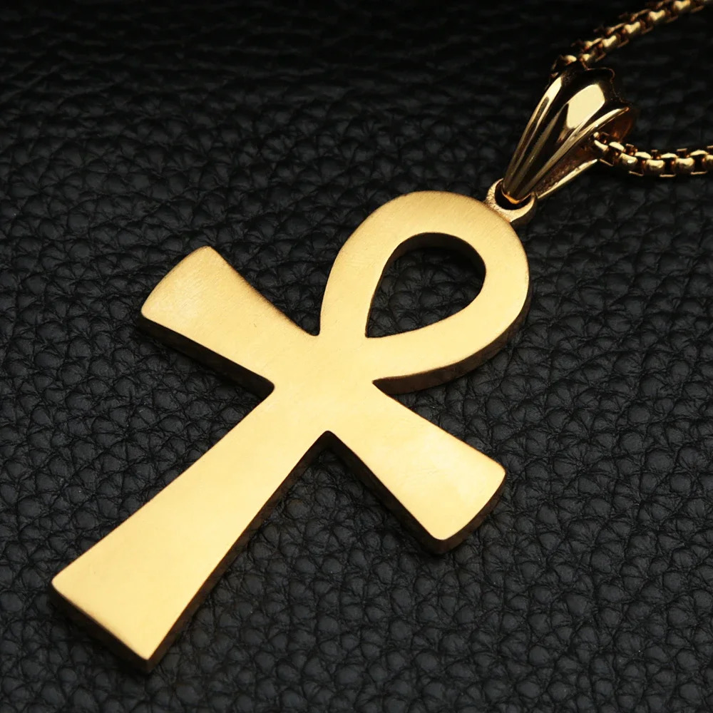 Large Gold/Silver Ancient Egyptian Ankh Cross Pendant Punk Stainless Steel Bicycle Necklace Neutral Talisman Jewelry Gift 241112