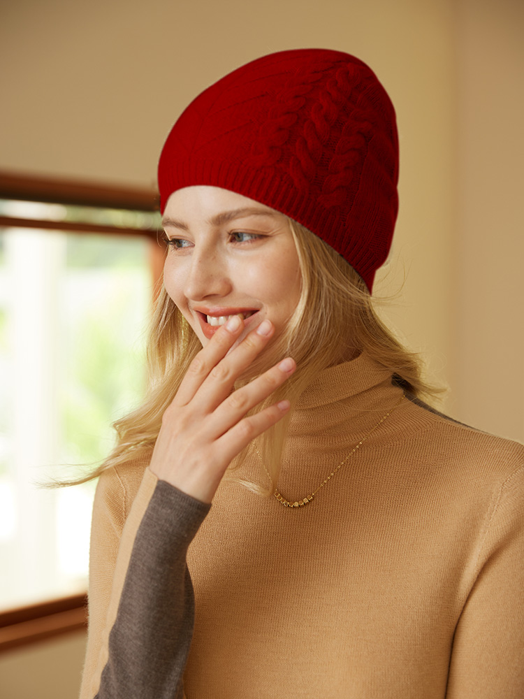 100% Cable Beanies Women Unibody Small Knitted Caps Girl's Toque Autumn Winter Real Cashmere Skull Cap Bonnet 2023